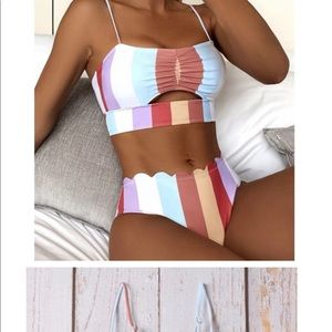 NWT. Striped color block bikini with scalloped bottoms